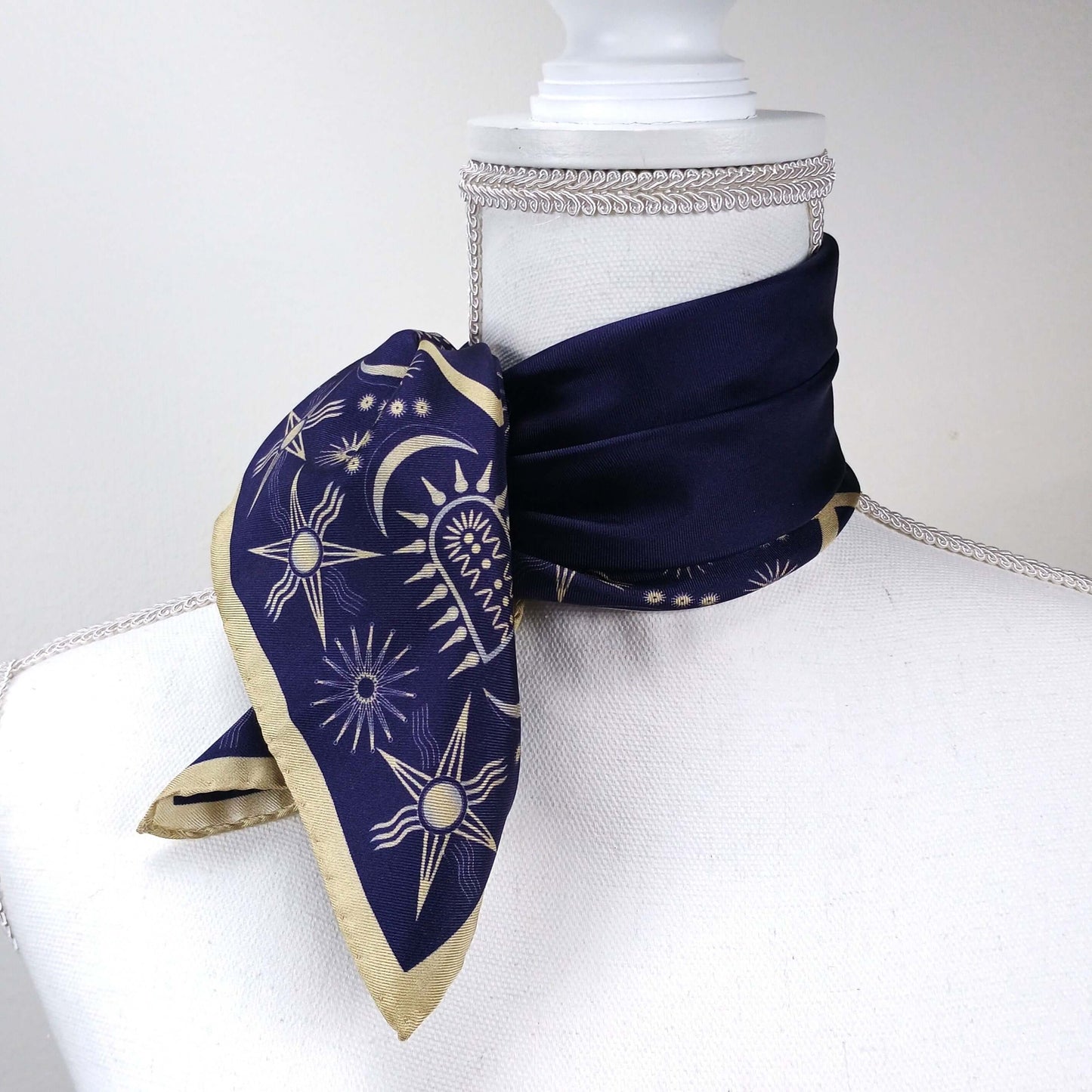 Beige-Navy Silk Scarf 50-Tied around the neck