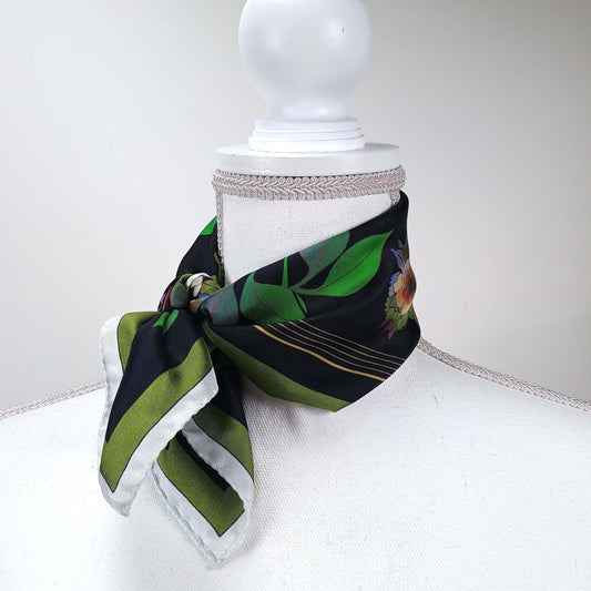 Black base with colorful roses 50 Silk Scarf tied around the neck