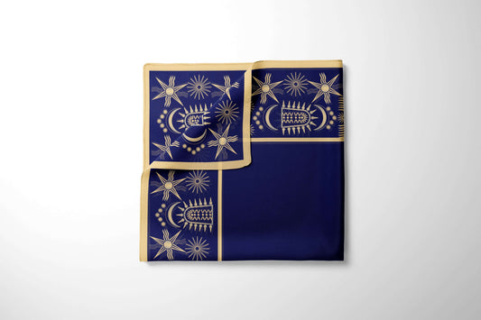 Beige-Navy Silk Scarf 50-Inspired of ancient cultures` symbols 