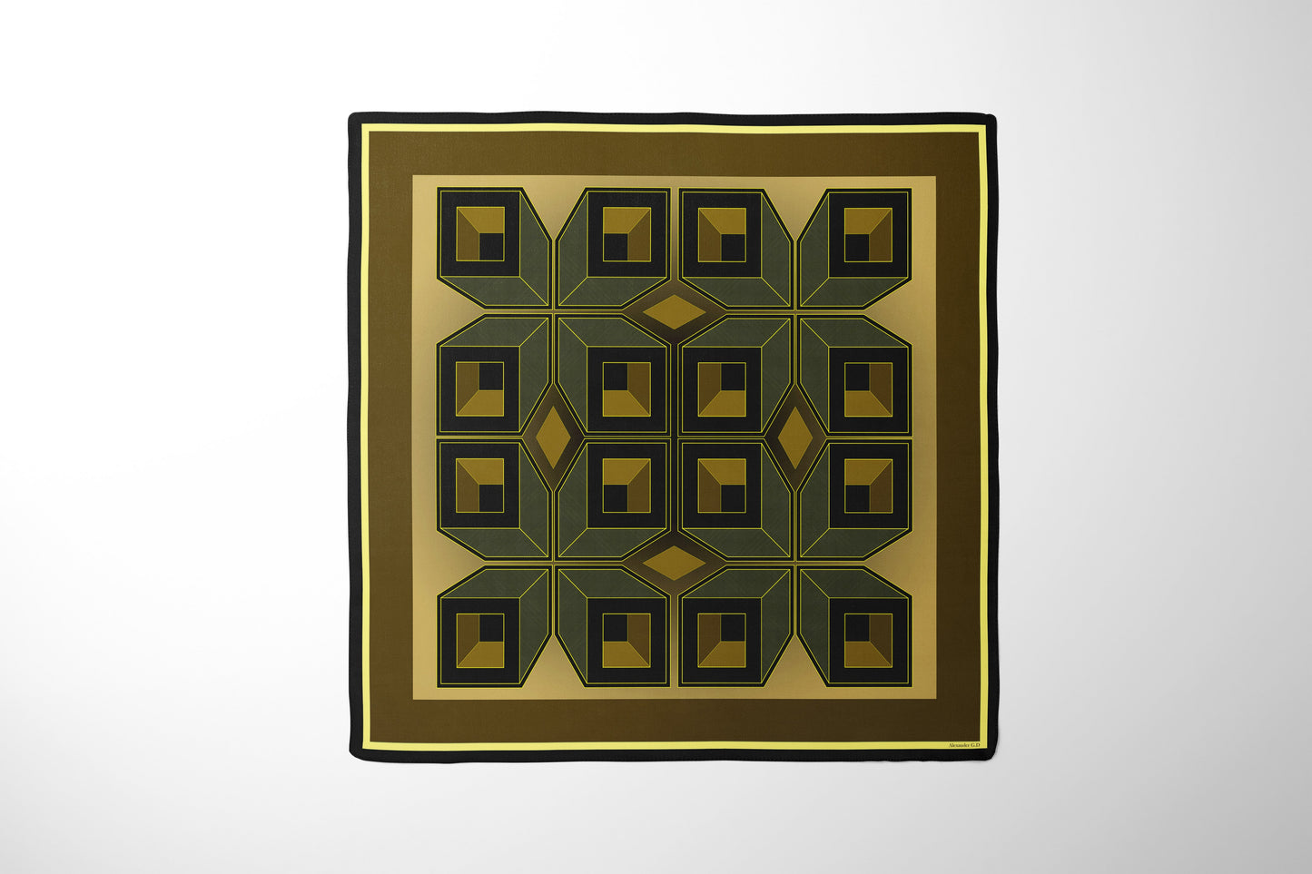 Silk scarf with unique design of brown and gold for women featuring geometric patterns and a stylish square window design.