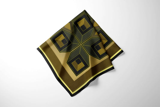 Silk scarf with unique design of brown and gold for women featuring geometric shapes and square window patterns.