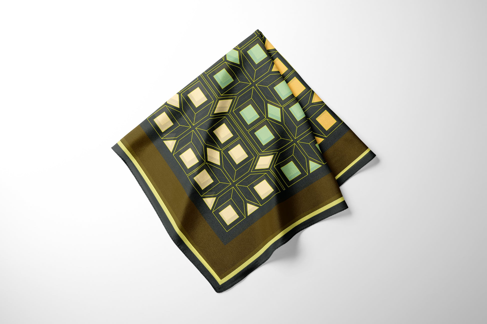 Decorative silk scarf with geometric pattern on a white background