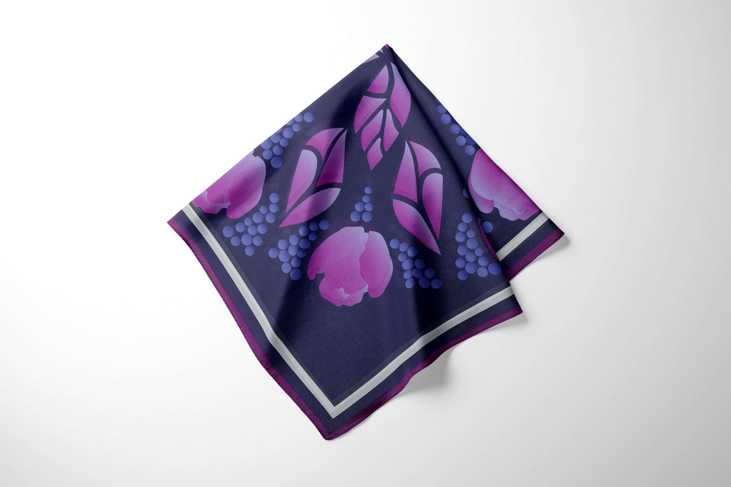Silk scarf 50 of navy and dark pink color of Tulip-Grape pattern
