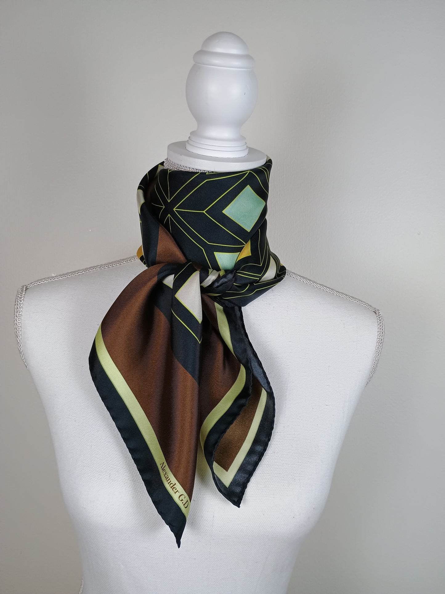 Black with pastel color geometric silk scarf 90 for women tied around the neck