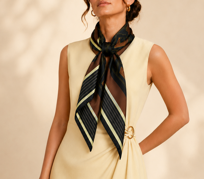 A woman wearing a cream sleeveless dress and a patterned silk scarf. The scarf features diagonal stripes in dark brown, black, and cream with thin gold pinstripes.