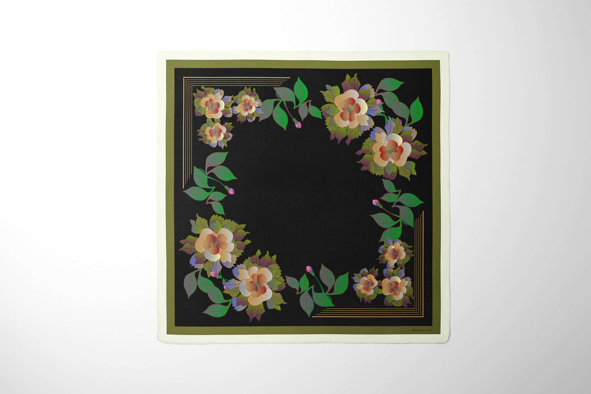 Black base with colorful roses silk scarf of 50cm size