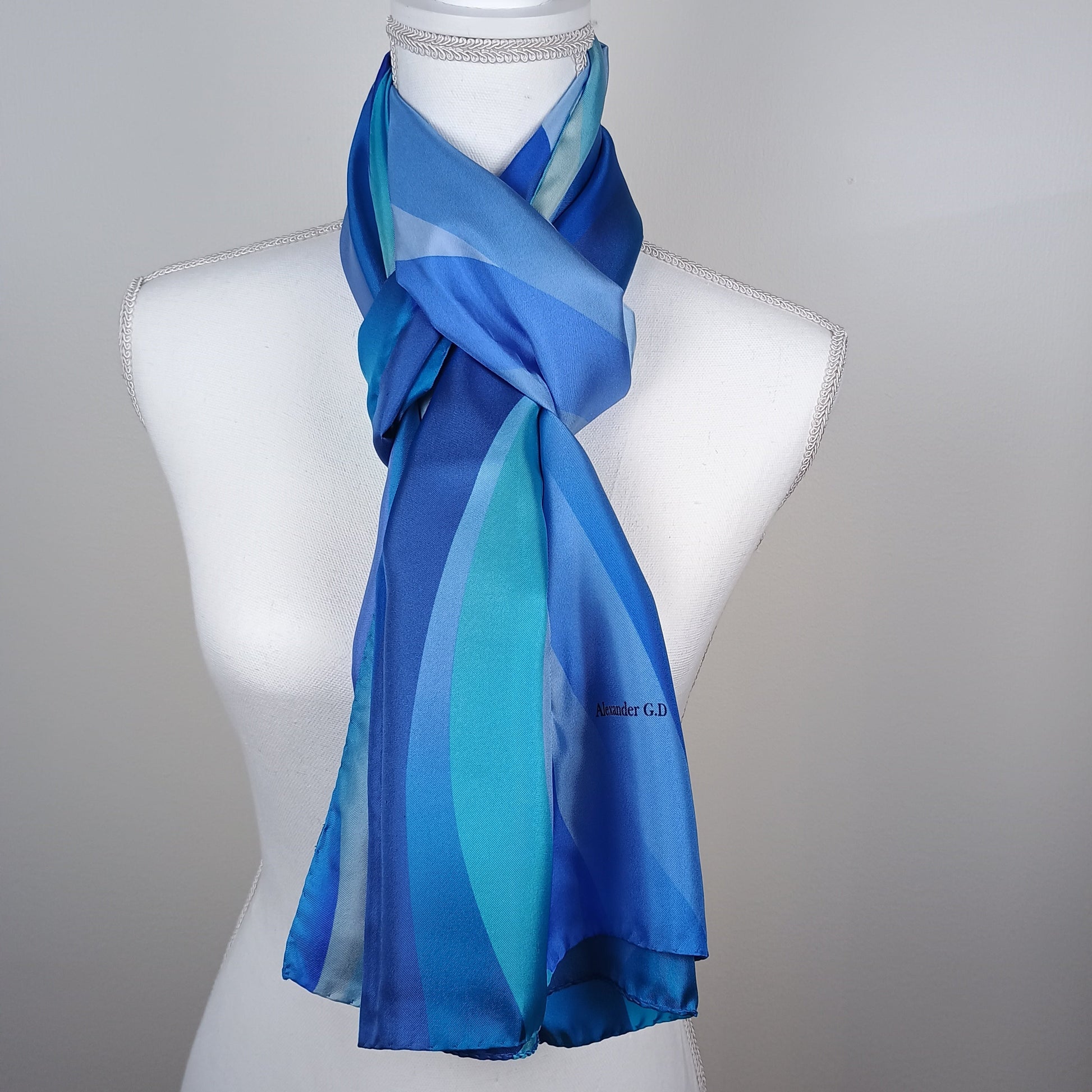 Blue gradient silk scarf 68x180 for women tied around the neck