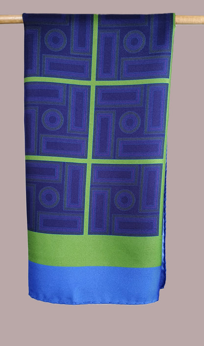 Navy blue green and purple silk scarf printed with repetitive squares
