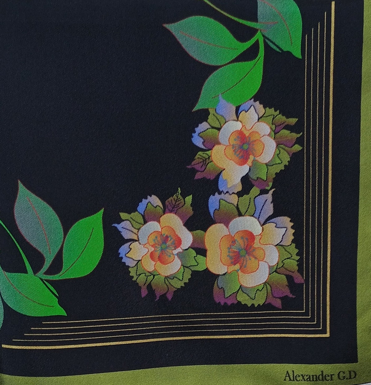 Floral design with green leaves on a black and green border, featuring the brand 'Alexander G.D'.