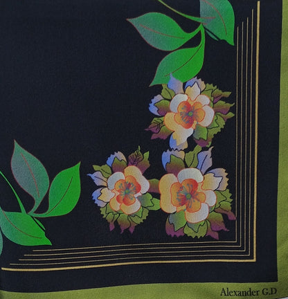 Floral design with green leaves on a black and green border, featuring the brand 'Alexander G.D'.