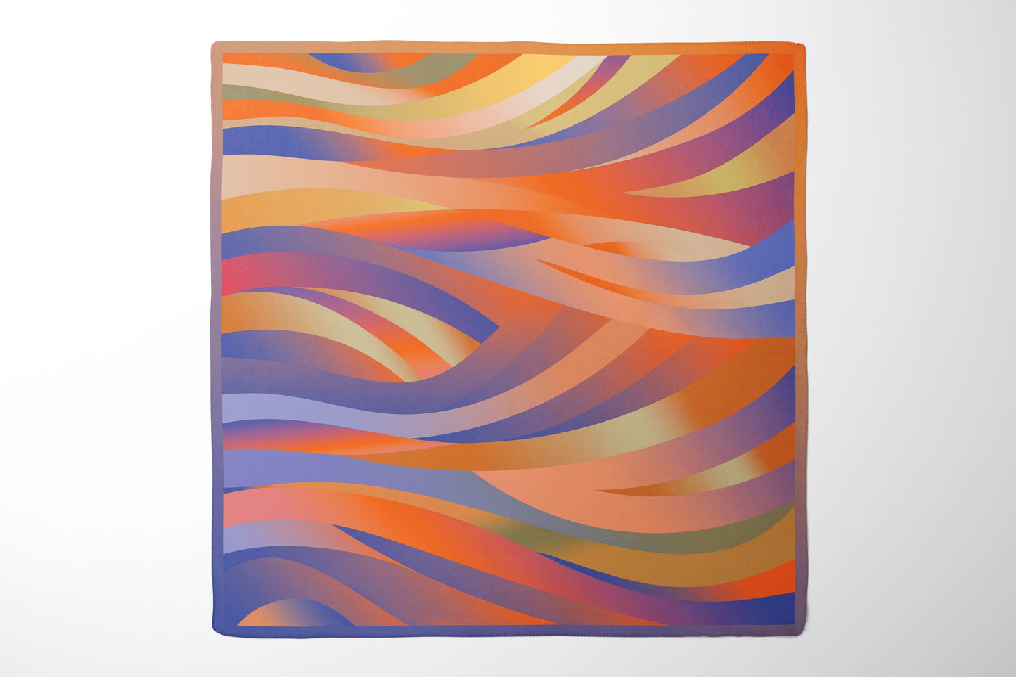 Square orange gradient silk scarf 90 for women featuring desert sunset patterns in vibrant orange and purple hues.