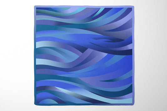 Square blue gradient silk scarf 90 for women featuring elegant wave patterns and luxurious silk twill fabric.