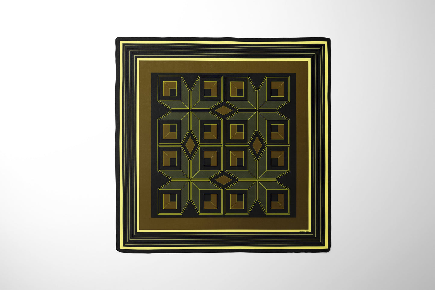 Silk scarf with unique design of brown and gold for women featuring geometric shapes and square window pattern.