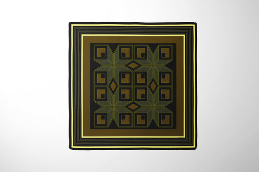 Silk scarf with unique design of brown and gold for women featuring geometric shapes and square window pattern.