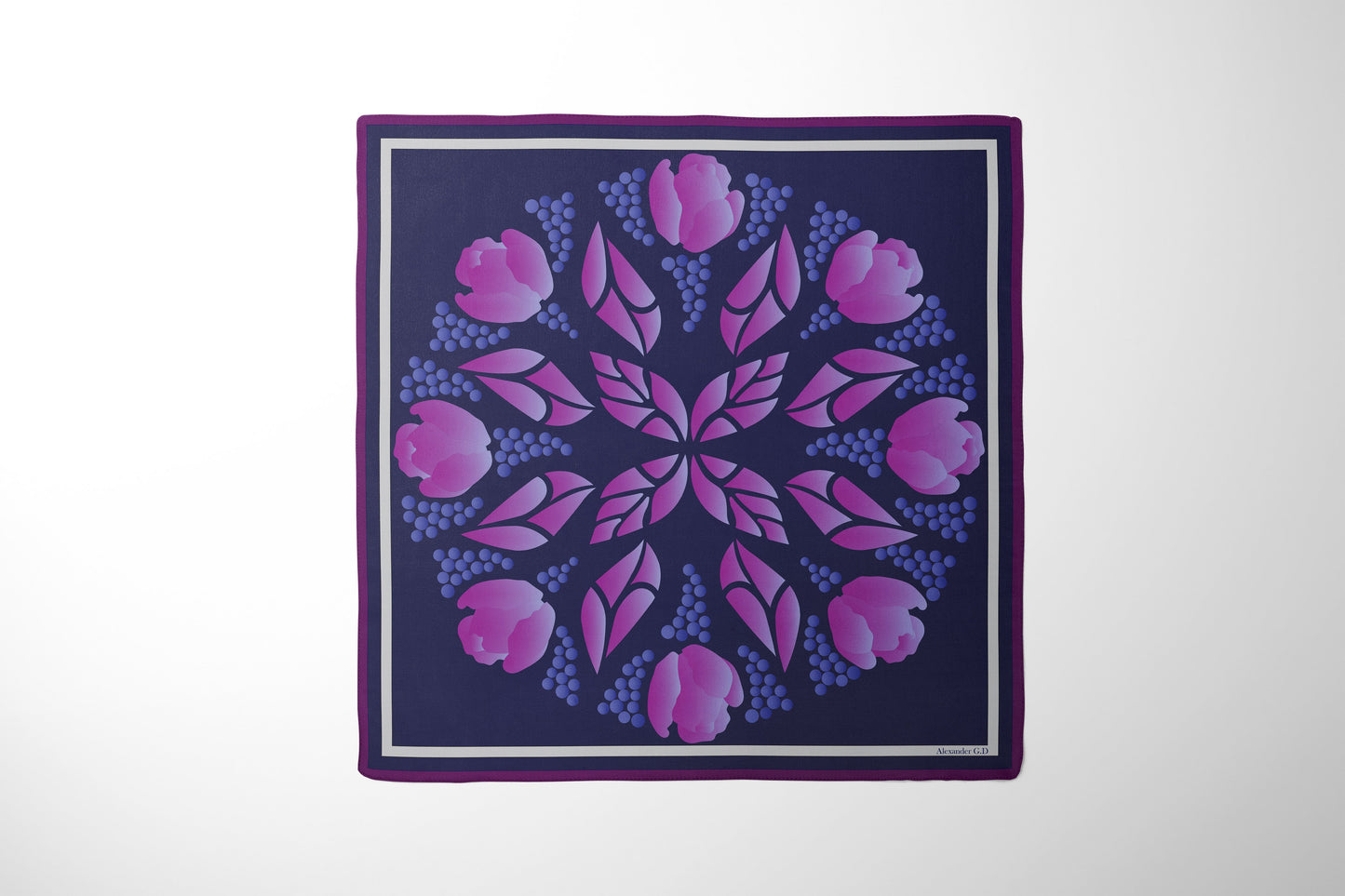 Silk scarf 50 of navy and dark pink color of Tulip-Grape pattern