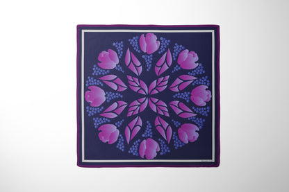 Silk scarf 50 of navy and dark pink color of Tulip-Grape pattern