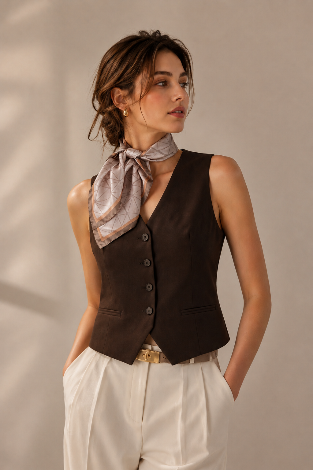 Geometric Beige Silk Scarf 48